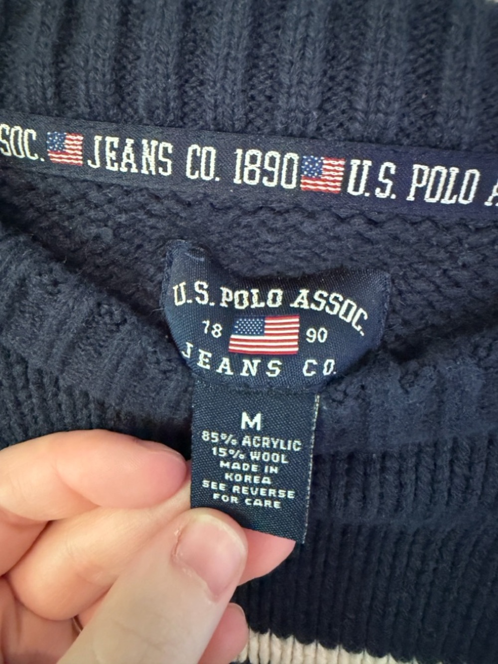 U.S. Polo Assn. American Flag Wool Blend Sweater Medium Navy Blue Vintage - Picture 2 of 4